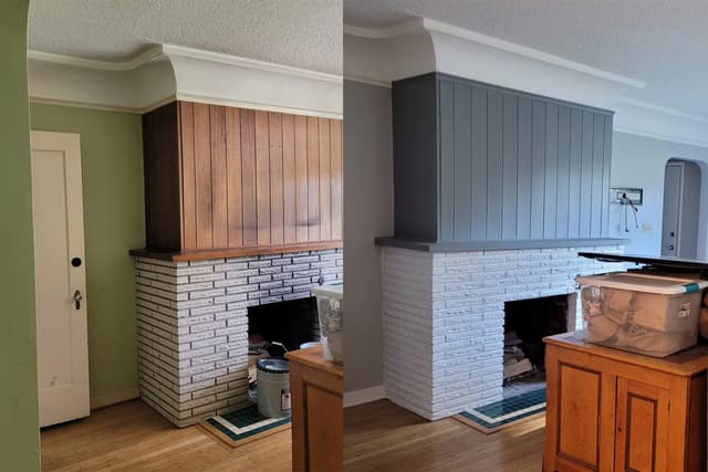 A before-and-after photo of a living room. On the left, in the before picture, the living room has a dated color scheme with wooden panels. On the right, in the after picture, the living room has a modern color scheme with painted panels.